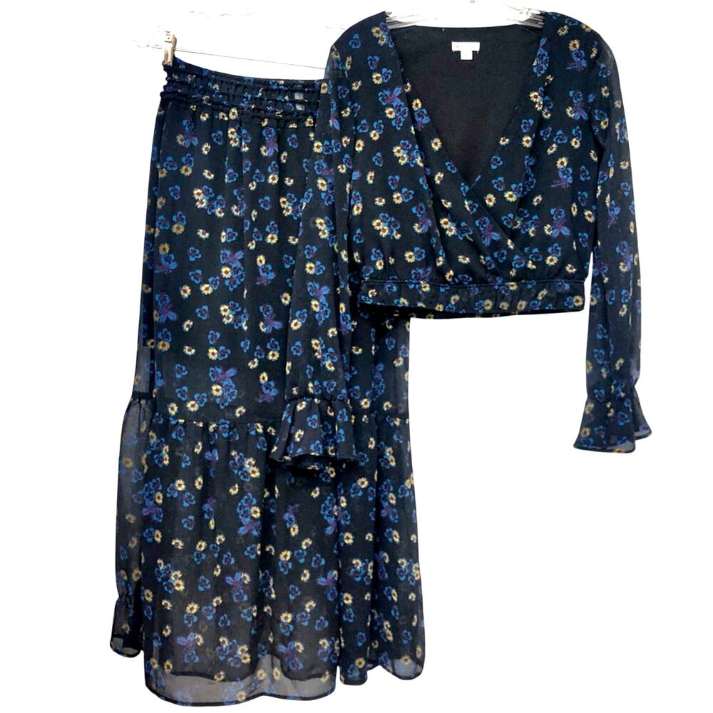 Xhilaration Black Floral Boho Midi Skirt Crop Top 2 Piece Dress Deep V Neck